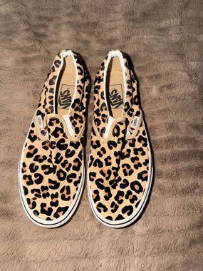 Vans Leopard Print Slip-On Sneakers in Tan and Black